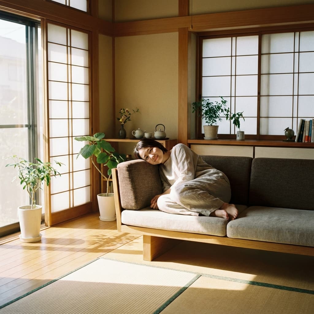 笑顔の女性と清潔な部屋